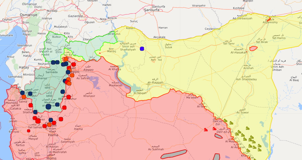 Una mappa aggiornata del nord della Siria. I verdi sono le forze alleate della Turchia, i gialli sono i curdi siriani, i rossi sono il regime di Assad e alleati. La Turchia vorrebbe creare una “safe zone” nei territori oggi in giallo, a est del fiume Eufrate (Liveuamap)